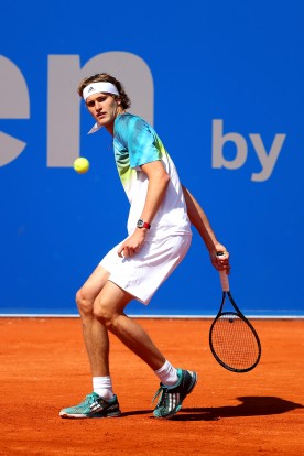 MUNICH, GERMANY - APRIL 29: Alexander Zverev of Germany plays a back hand during his quater final match against David Goffin of Belgium of the BMW Open at Iphitos tennis club on April 29, 2016 in Munich, Germany. (Photo by Alexander Hassenstein/Getty Images for BMW)